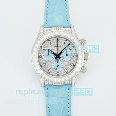 Super Clone RXF Factory Rolex Daytona Diamond-Set Baby Blue Leather Strap Watch 